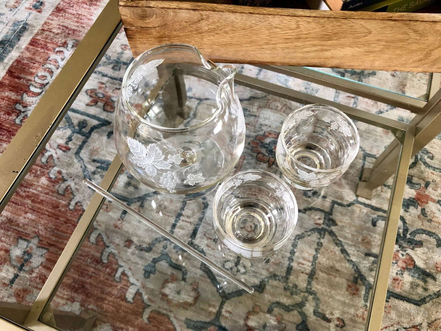 Vintage Brandy Decanter Pitcher Set with 2 Matching Tumbler Glasses & Glass Swizzel Stick, Home Bar Set, Grape Vine Design, Gift for Him - Loom Vintage