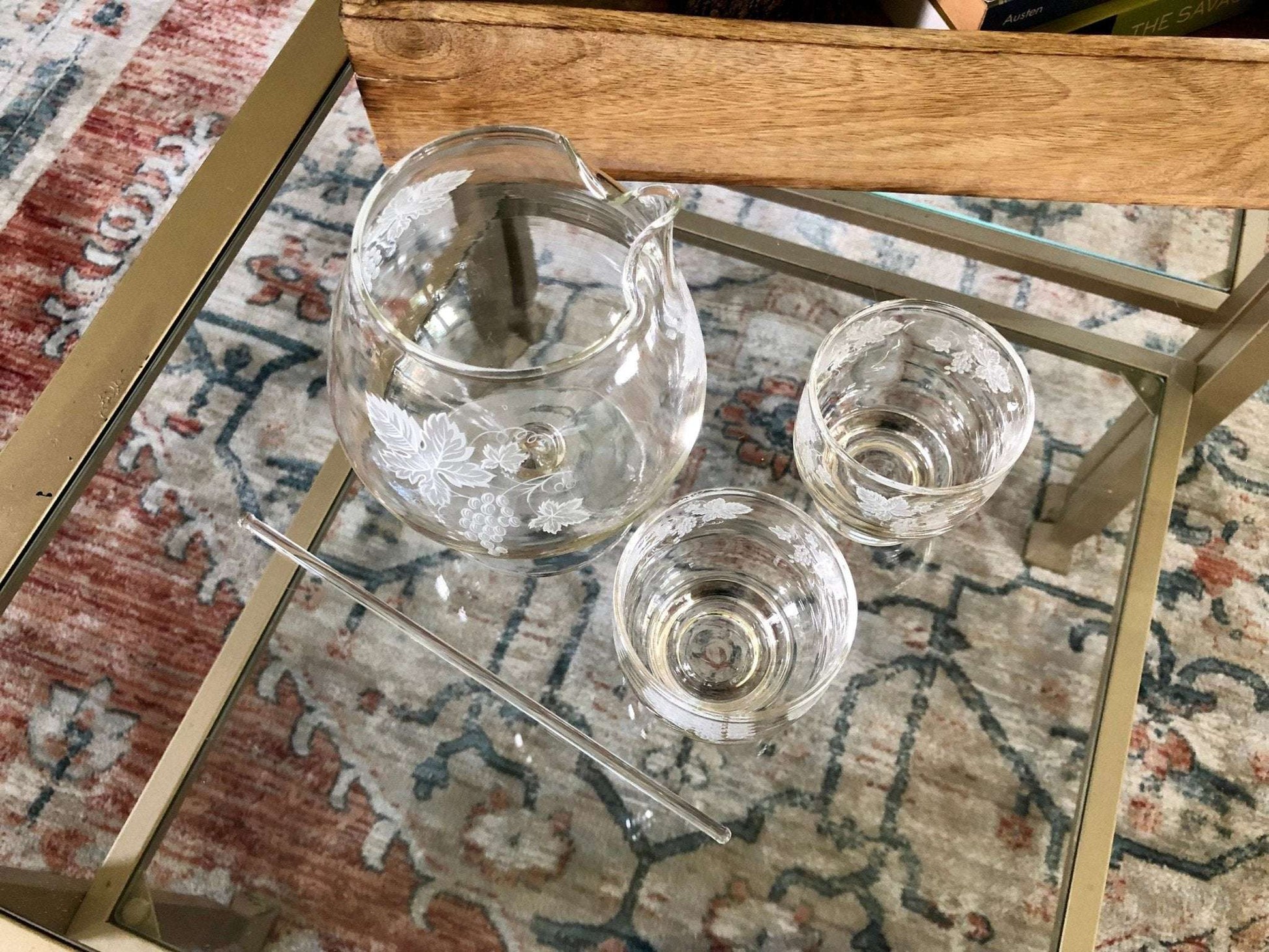 Vintage Brandy Decanter Pitcher Set with 2 Matching Tumbler Glasses & Glass Swizzel Stick, Home Bar Set, Grape Vine Design, Gift for Him - Loom Vintage