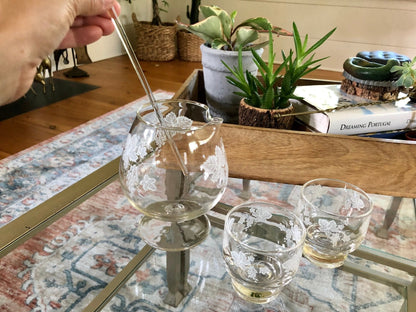Vintage Brandy Decanter Pitcher Set with 2 Matching Tumbler Glasses & Glass Swizzel Stick, Home Bar Set, Grape Vine Design, Gift for Him - Loom Vintage