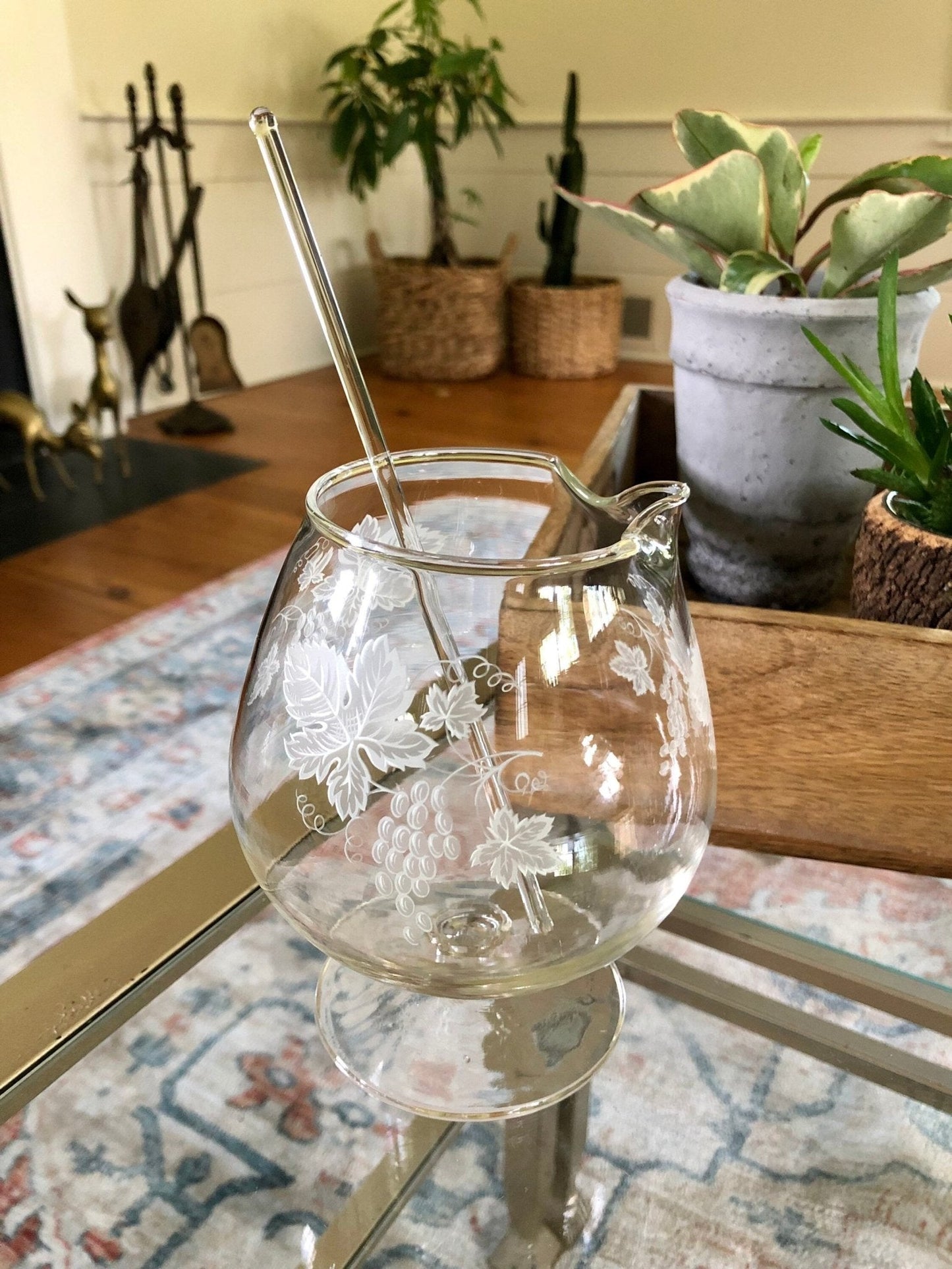 Vintage Brandy Decanter Pitcher Set with 2 Matching Tumbler Glasses & Glass Swizzel Stick, Home Bar Set, Grape Vine Design, Gift for Him - Loom Vintage
