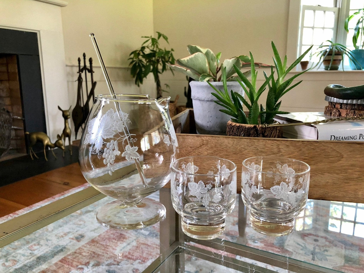 Vintage Brandy Decanter Pitcher Set with 2 Matching Tumbler Glasses & Glass Swizzel Stick, Home Bar Set, Grape Vine Design, Gift for Him - Loom Vintage