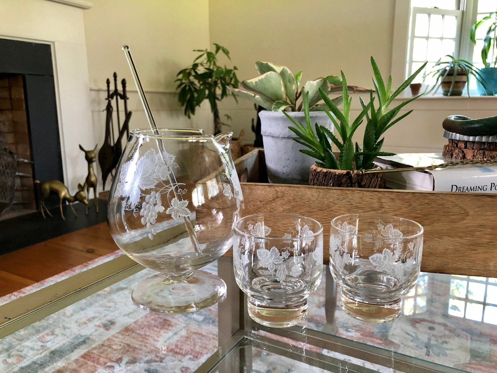 Vintage Brandy Decanter Pitcher Set with 2 Matching Tumbler Glasses & Glass Swizzel Stick, Home Bar Set, Grape Vine Design, Gift for Him - Loom Vintage