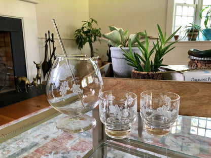 Vintage Brandy Decanter Pitcher Set with 2 Matching Tumbler Glasses & Glass Swizzel Stick, Home Bar Set, Grape Vine Design, Gift for Him - Loom Vintage