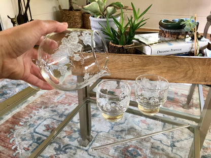 Vintage Brandy Decanter Pitcher Set with 2 Matching Tumbler Glasses & Glass Swizzel Stick, Home Bar Set, Grape Vine Design, Gift for Him - Loom Vintage