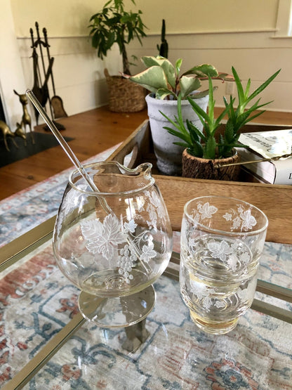 Vintage Brandy Decanter Pitcher Set with 2 Matching Tumbler Glasses & Glass Swizzel Stick, Home Bar Set, Grape Vine Design, Gift for Him - Loom Vintage