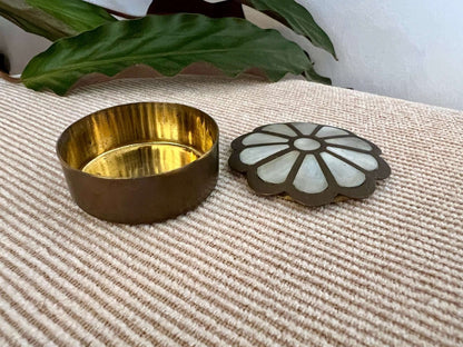 Vintage Brass and Mother of Pearl Jewelry Box, Pill Box, Ring Box, Floral Shape - Loom Vintage