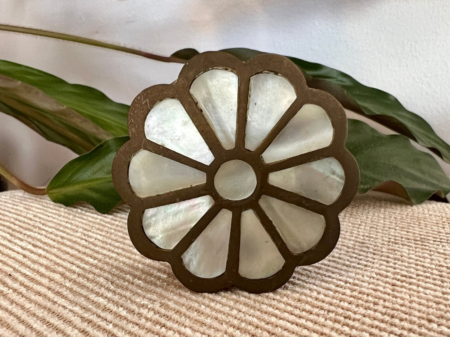 Vintage Brass and Mother of Pearl Jewelry Box, Pill Box, Ring Box, Floral Shape - Loom Vintage