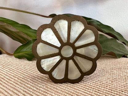 Vintage Brass and Mother of Pearl Jewelry Box, Pill Box, Ring Box, Floral Shape - Loom Vintage