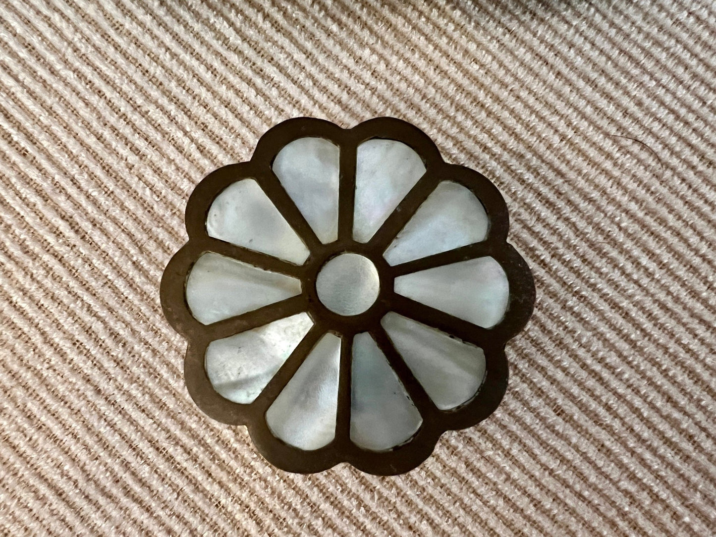 Vintage Brass and Mother of Pearl Jewelry Box, Pill Box, Ring Box, Floral Shape - Loom Vintage