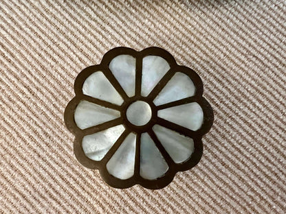 Vintage Brass and Mother of Pearl Jewelry Box, Pill Box, Ring Box, Floral Shape - Loom Vintage