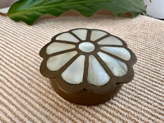 Vintage Brass and Mother of Pearl Jewelry Box, Pill Box, Ring Box, Floral Shape - Loom Vintage