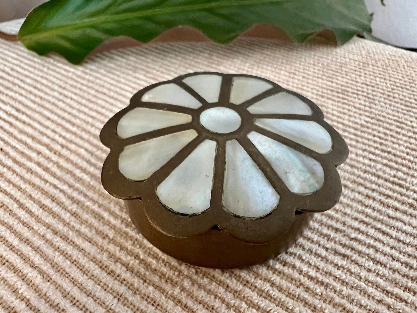 Vintage Brass and Mother of Pearl Jewelry Box, Pill Box, Ring Box, Floral Shape - Loom Vintage
