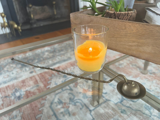 Vintage Brass Candle Snuffer, Metal Work Fire Snuffe, Gold, Round, Swirl - Loom Vintage