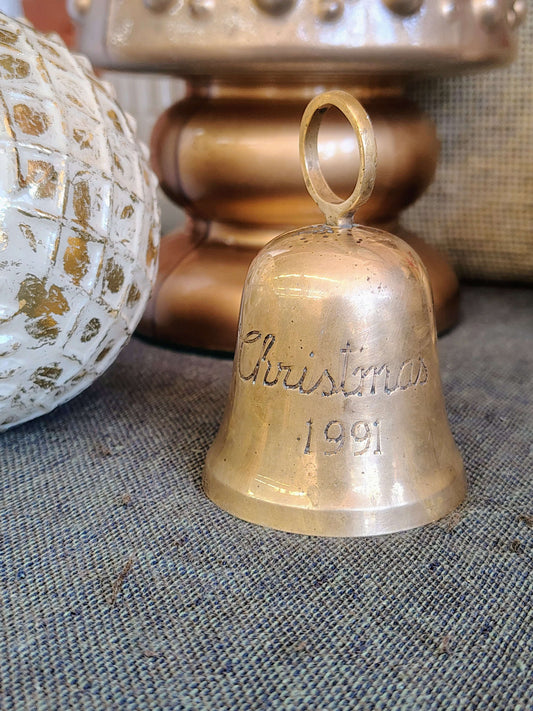 Vintage Brass Christmas Bell Ornament, 1991 Engraved Holiday Keepsake, photo 1 of 6