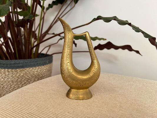 Vintage Brass Hand Crafted Solid Pedestal Lyre - Bow Design Etched Floral Motif Bud Vase, Rustic Mid Century Home Decor, Mini Pitcher - Loom Vintage