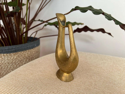 Vintage etched brass lyre bud vase on a pedestal foot, photo 9 of 10