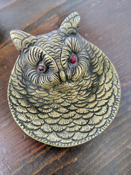 Vintage Brass Owl Dish with Red Jewel Eyes, Made in Tomar, Portugal - Loom Vintage
