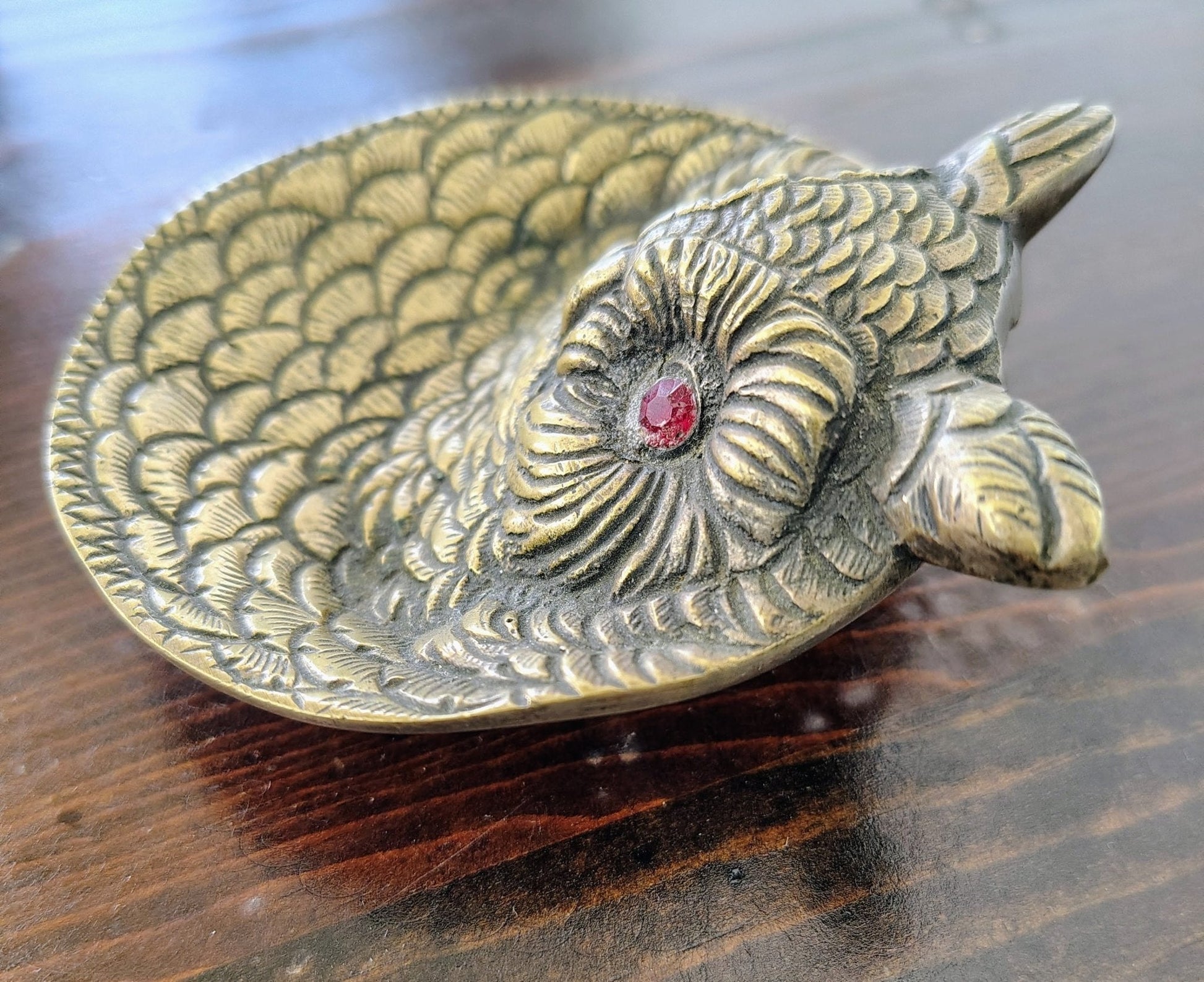 Vintage Brass Owl Dish with Red Jewel Eyes, Made in Tomar, Portugal - Loom Vintage