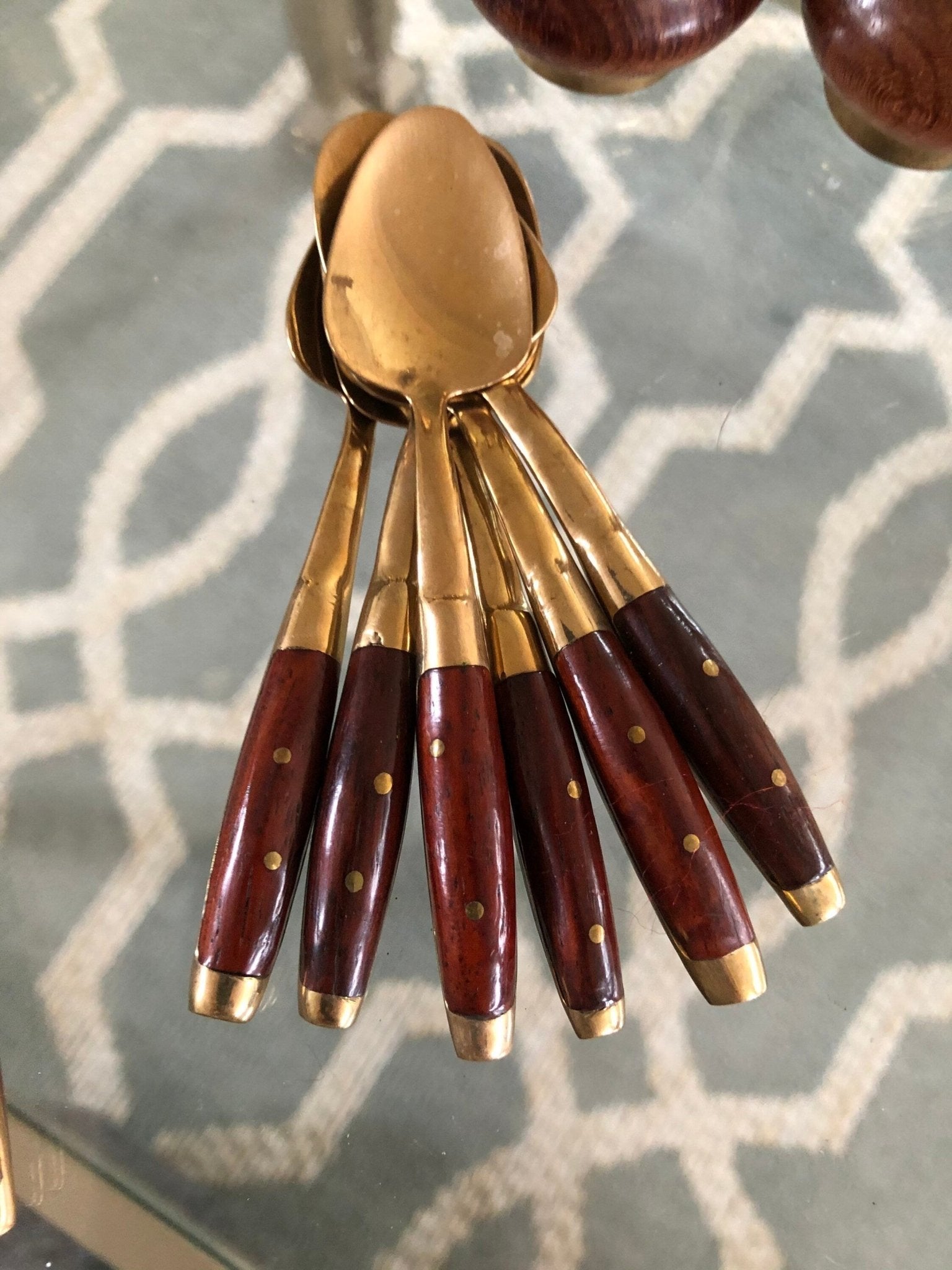 Vintage Brass & Rosewood Table Setting Pieces; Dessert, Soup, Espresso Spoon Set, Salt Pepper Shakers, Candle Sticks, Classic Flatware - Loom Vintage