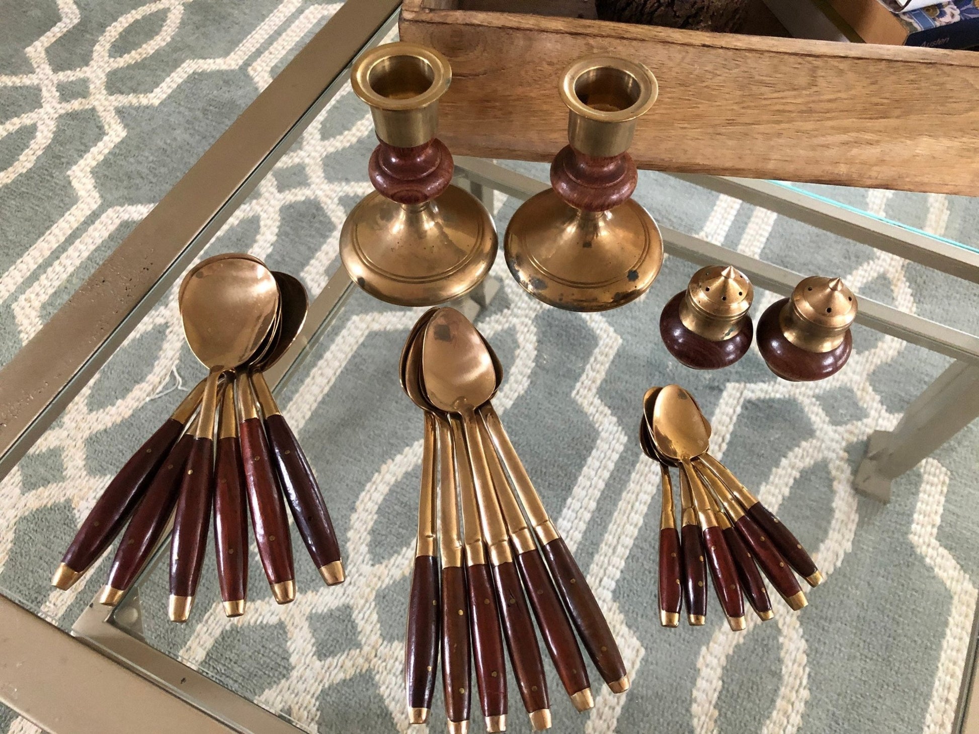 Vintage Brass & Rosewood Table Setting Pieces; Dessert, Soup, Espresso Spoon Set, Salt Pepper Shakers, Candle Sticks, Classic Flatware - Loom Vintage