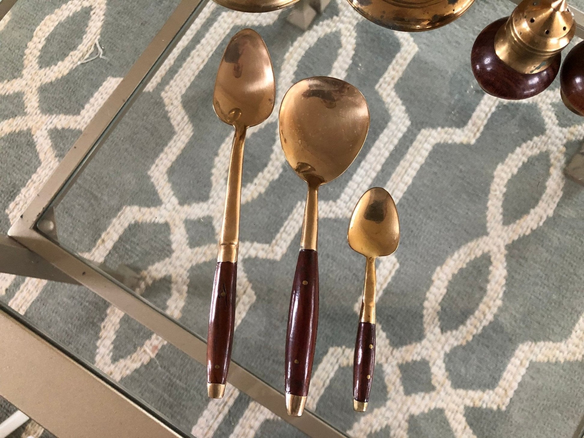 Vintage Brass & Rosewood Table Setting Pieces; Dessert, Soup, Espresso Spoon Set, Salt Pepper Shakers, Candle Sticks, Classic Flatware - Loom Vintage