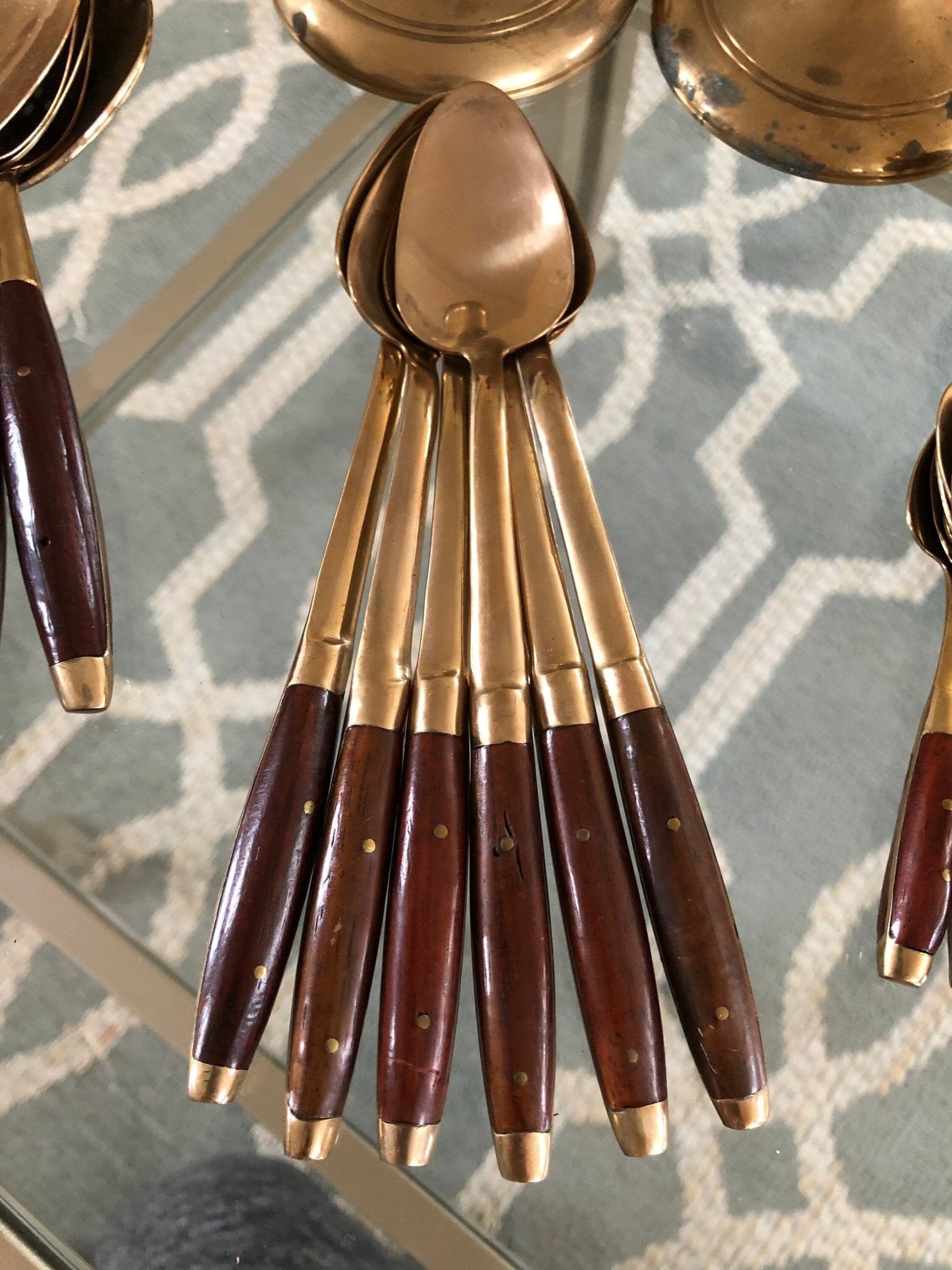 Vintage Brass & Rosewood Table Setting Pieces; Dessert, Soup, Espresso Spoon Set, Salt Pepper Shakers, Candle Sticks, Classic Flatware - Loom Vintage