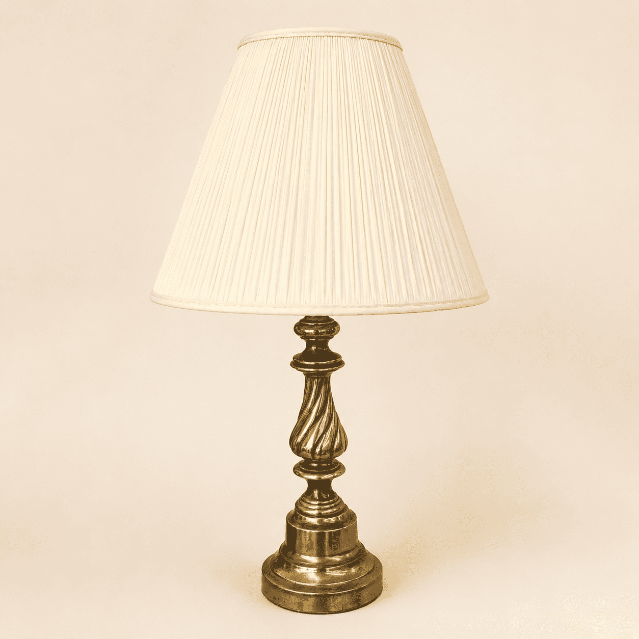Vintage brass twisted column table lamp, front view