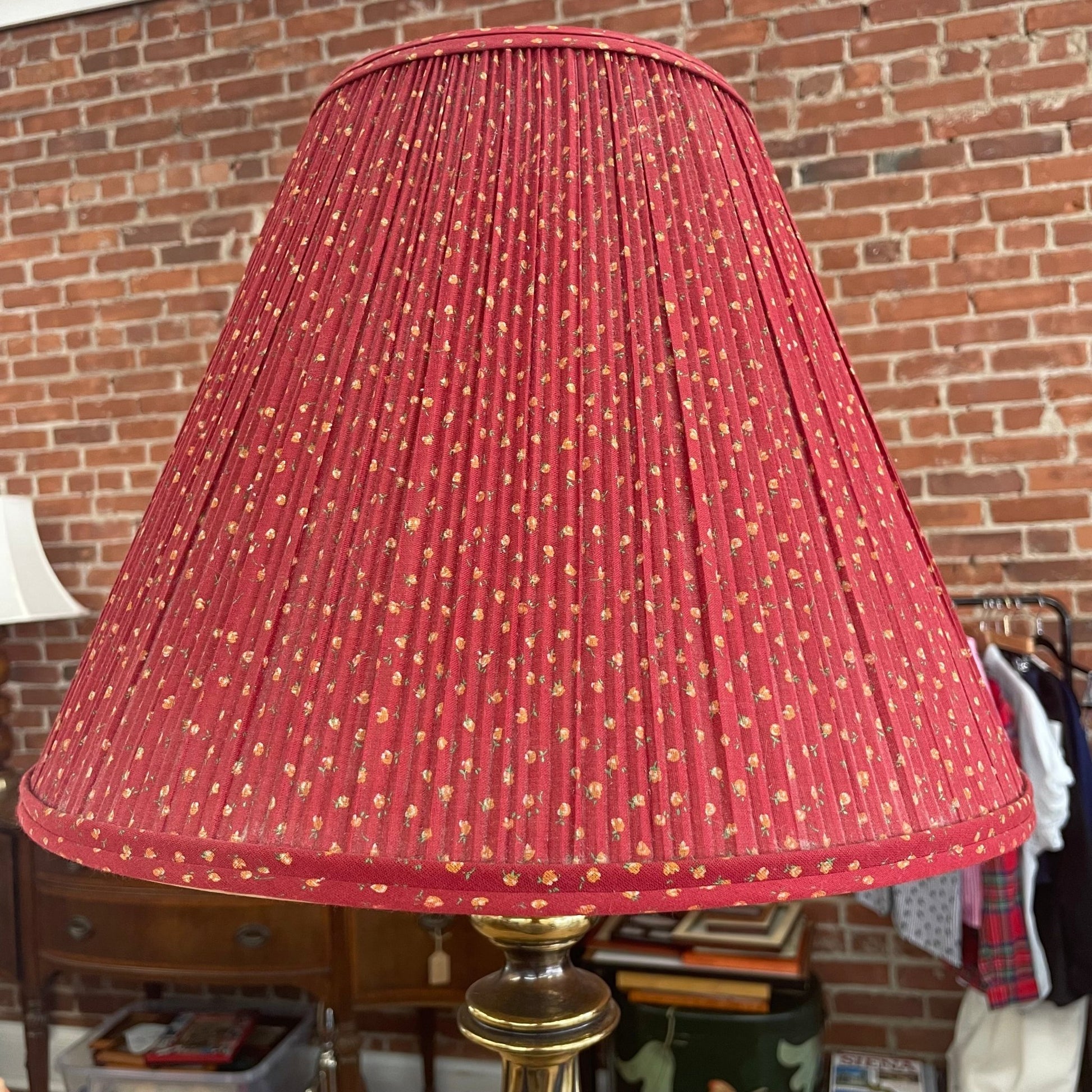 Vintage Brass Twisted Column Table Lamp — Red Pleated Floral Shade, 27", Tested Working - Loom Vintage