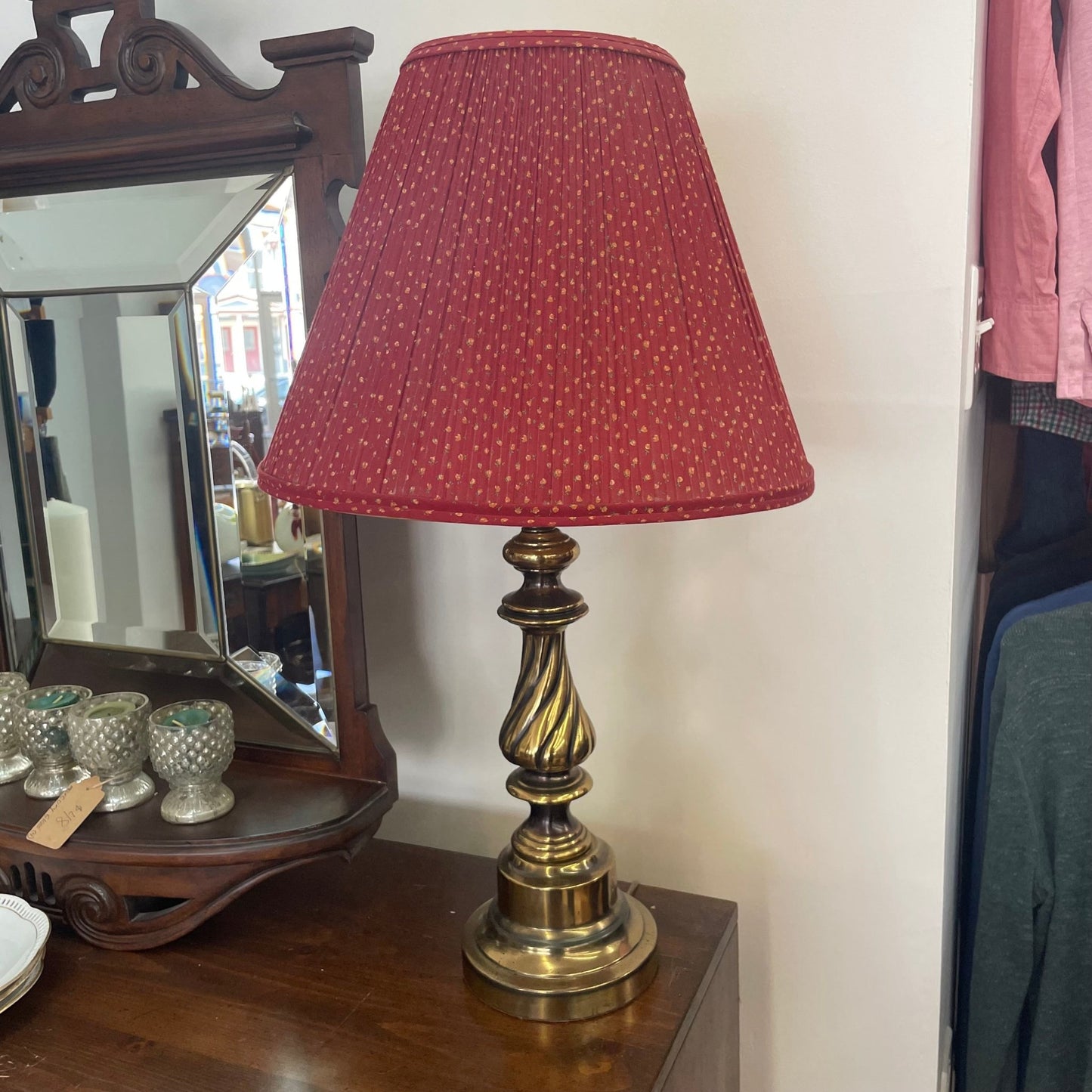Vintage Brass Twisted Column Table Lamp — Red Pleated Floral Shade, 27", Tested Working - Loom Vintage