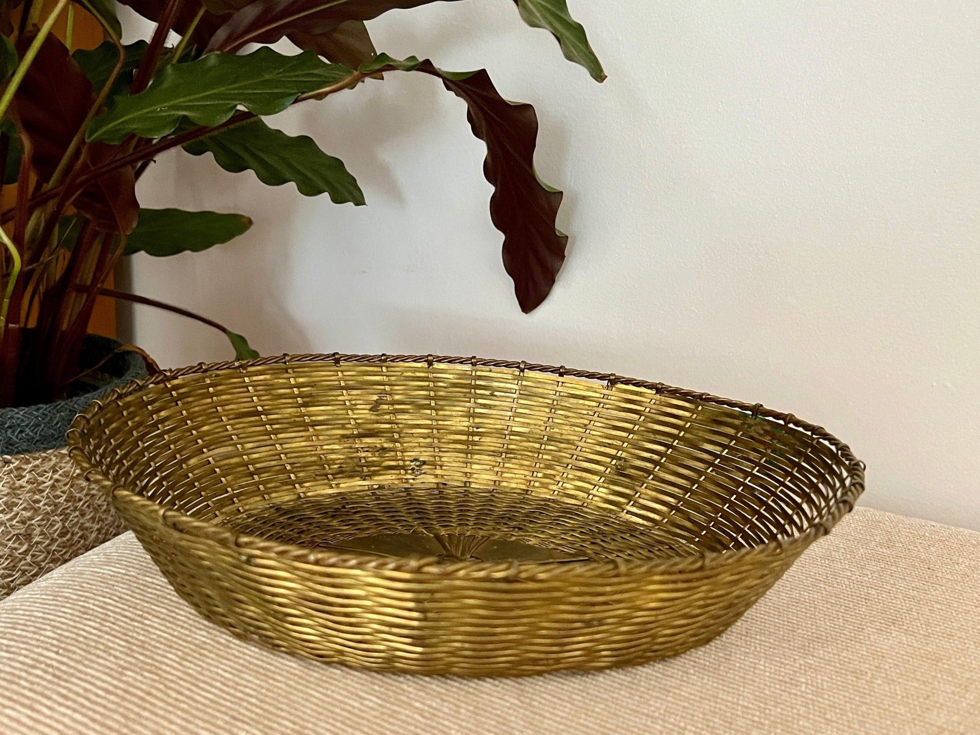 Vintage Brass Woven Basket, Oval Bread Basket, Gold Metal Basket - Loom Vintage