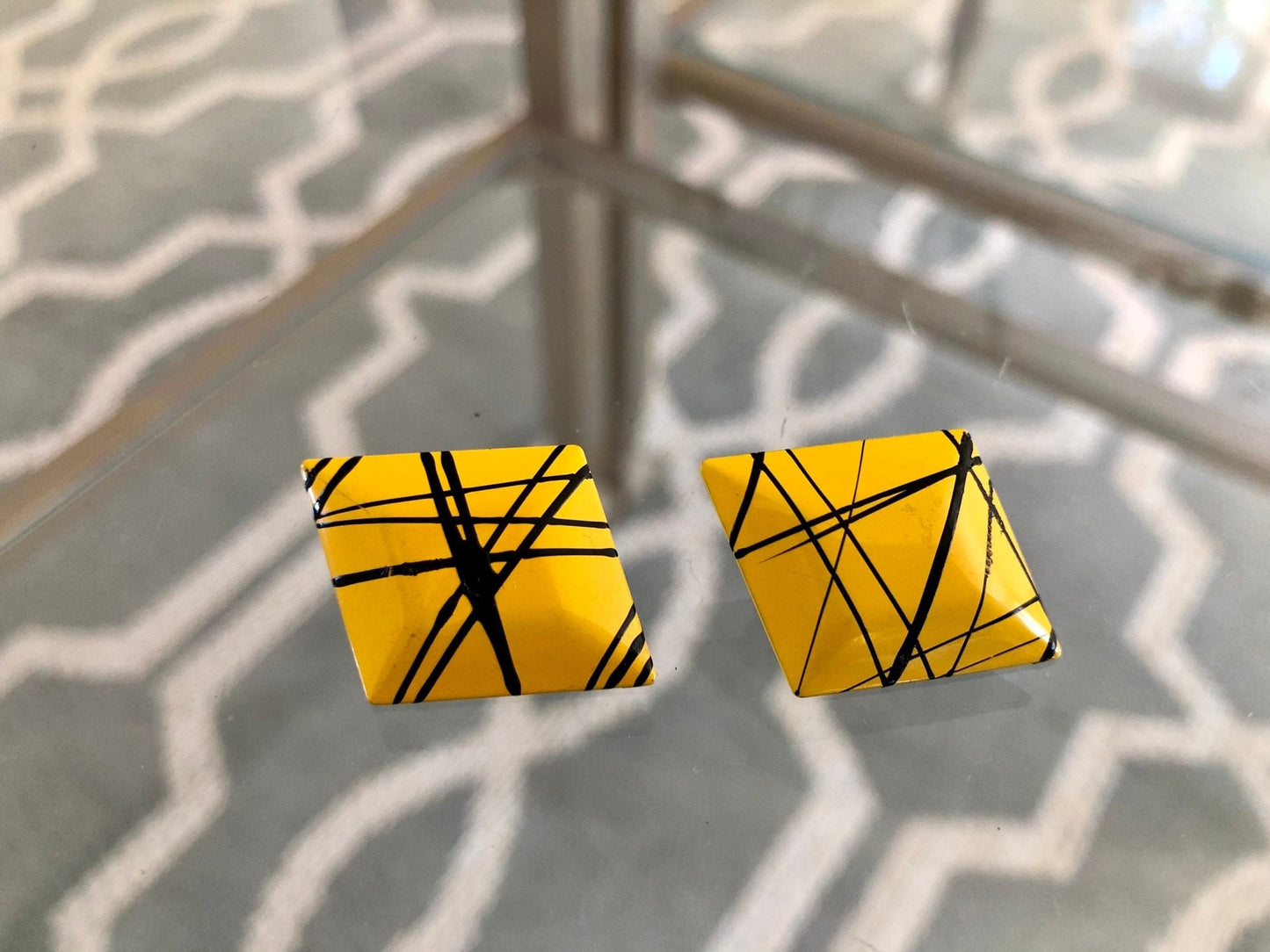 Vintage Bright Yellow with Black Detail Metal Post Earrings, 80s, 90s - Loom Vintage