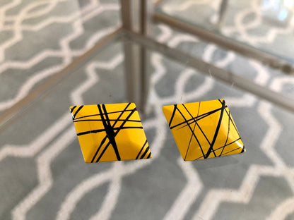 Vintage Bright Yellow with Black Detail Metal Post Earrings, 80s, 90s - Loom Vintage