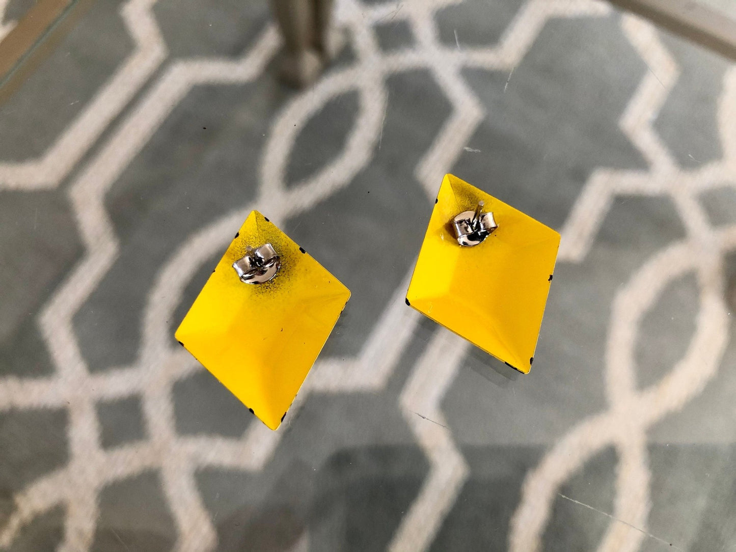 Vintage Bright Yellow with Black Detail Metal Post Earrings, 80s, 90s - Loom Vintage