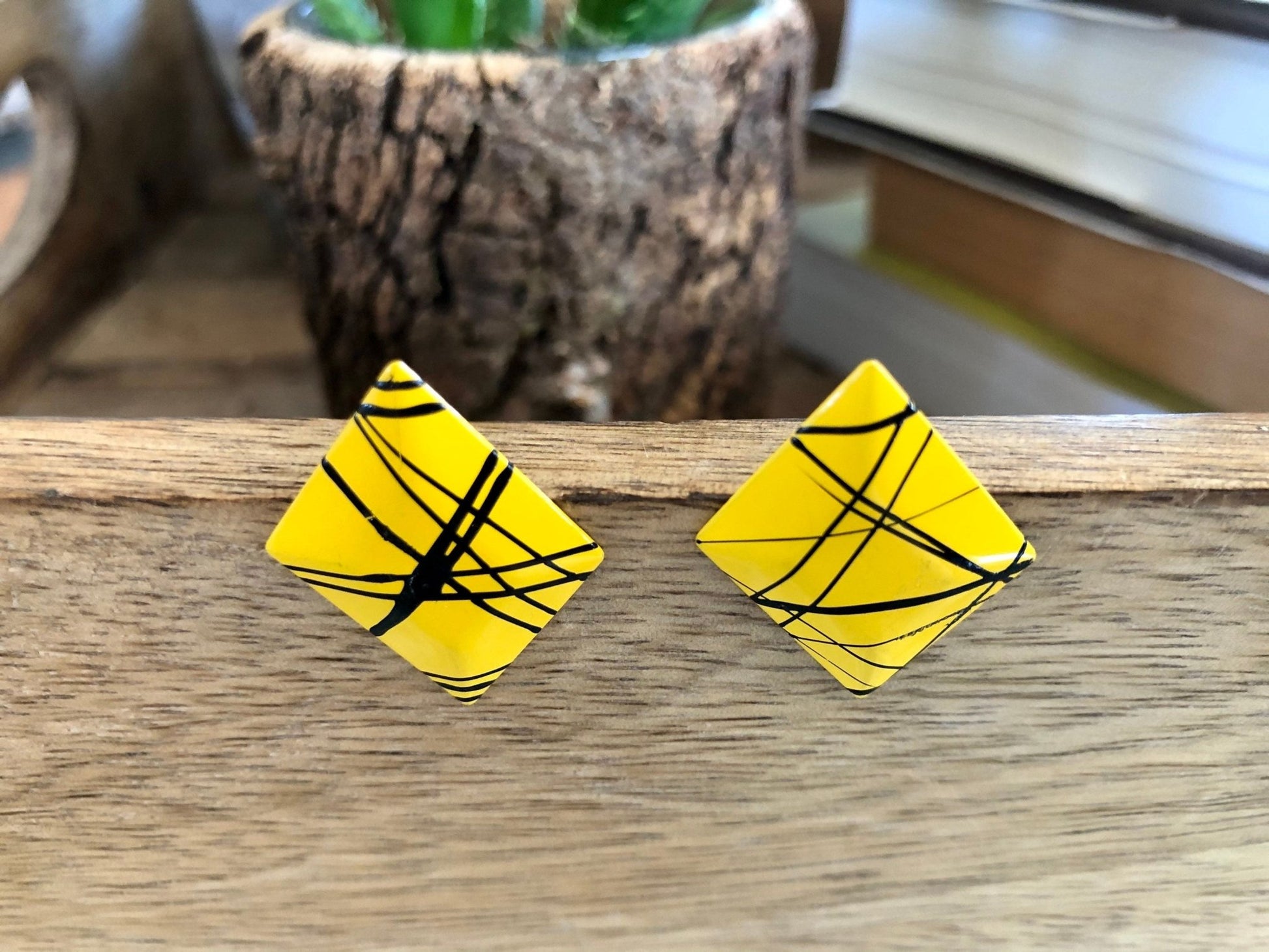 Vintage Bright Yellow with Black Detail Metal Post Earrings, 80s, 90s - Loom Vintage