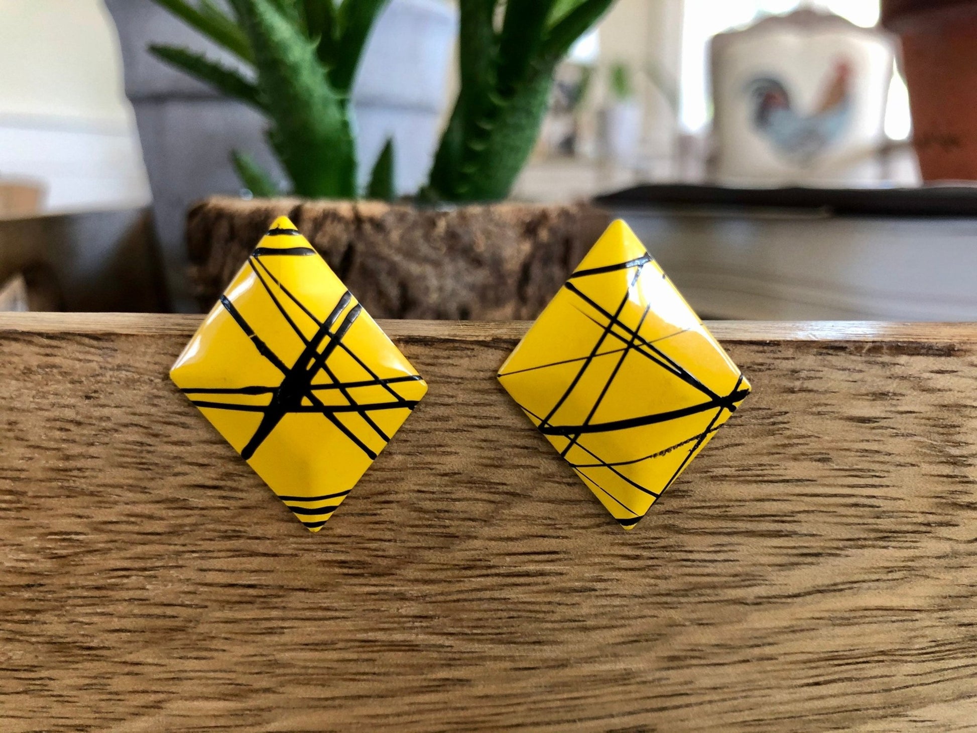 Vintage Bright Yellow with Black Detail Metal Post Earrings, 80s, 90s - Loom Vintage