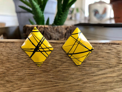 Vintage Bright Yellow with Black Detail Metal Post Earrings, 80s, 90s - Loom Vintage