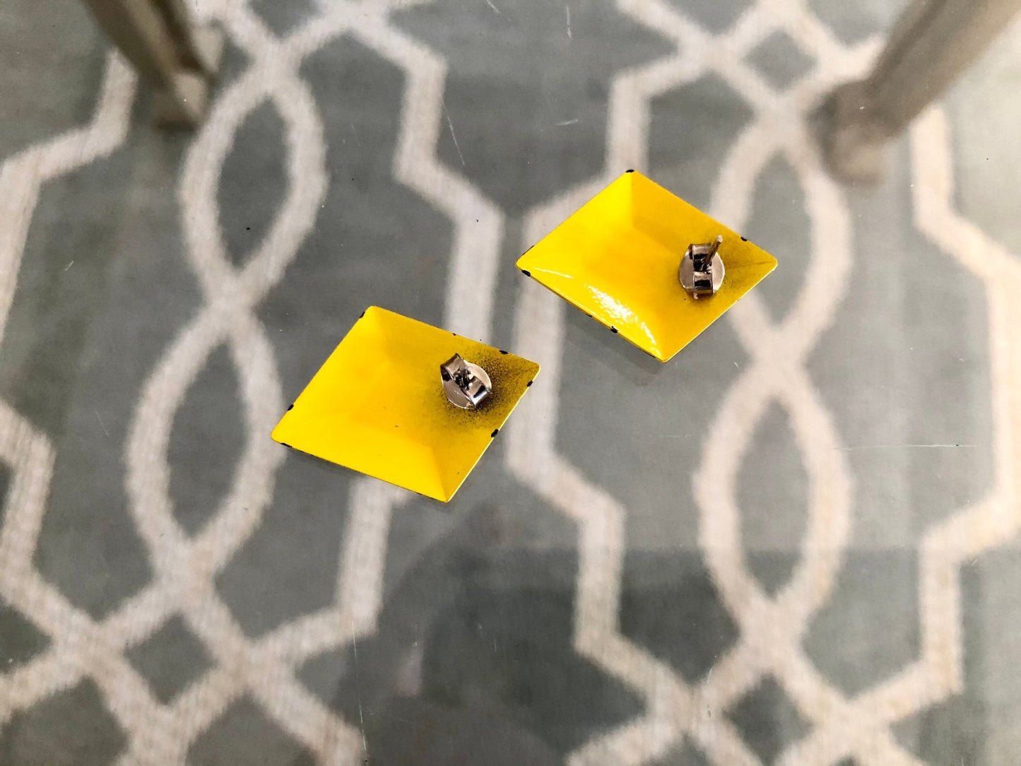 Vintage Bright Yellow with Black Detail Metal Post Earrings, 80s, 90s - Loom Vintage