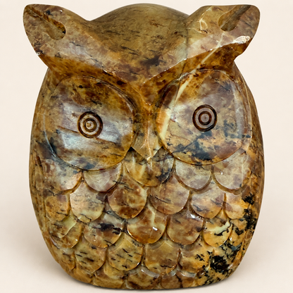 Close-up of carved stone owl face showing concentric eyes and feathers