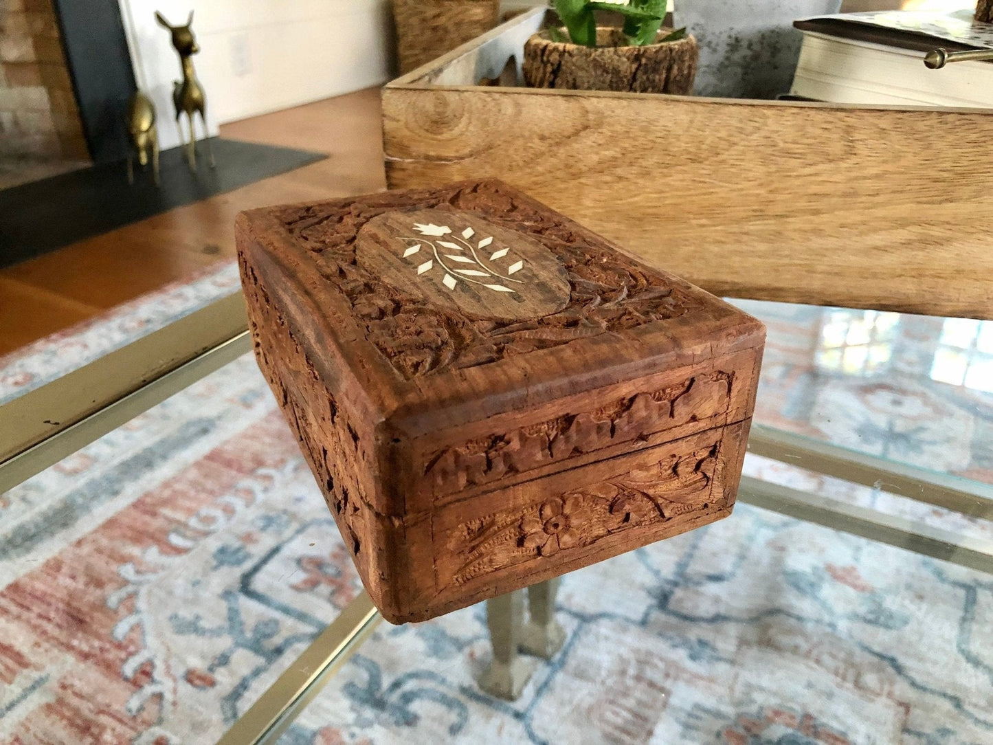 Vintage Carved Wood Box, Jewelry Box, Folk Art, Handmade Boho Box, Keepsake Box, Vintage Trinket Box, India - Loom Vintage
