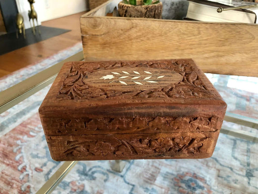 Vintage Carved Wood Box, Jewelry Box, Folk Art, Handmade Boho Box, Keepsake Box, Vintage Trinket Box, India - Loom Vintage