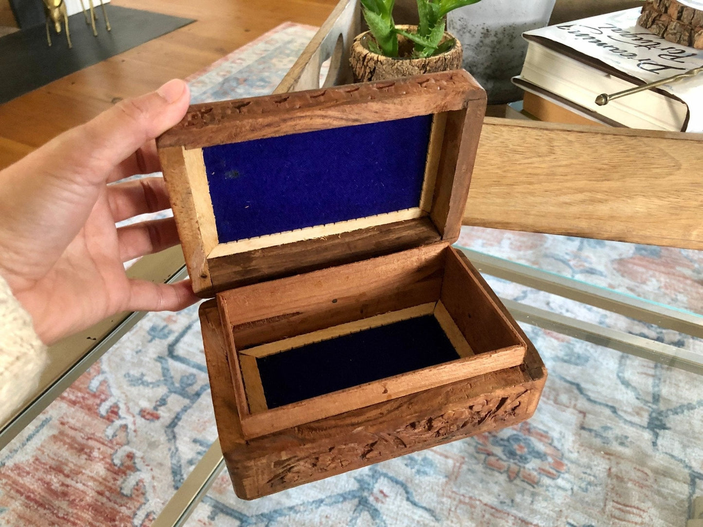Vintage Carved Wood Box, Jewelry Box, Folk Art, Handmade Boho Box, Keepsake Box, Vintage Trinket Box, India - Loom Vintage
