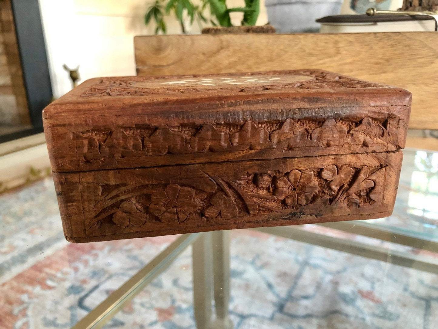 Vintage Carved Wood Box, Jewelry Box, Folk Art, Handmade Boho Box, Keepsake Box, Vintage Trinket Box, India - Loom Vintage