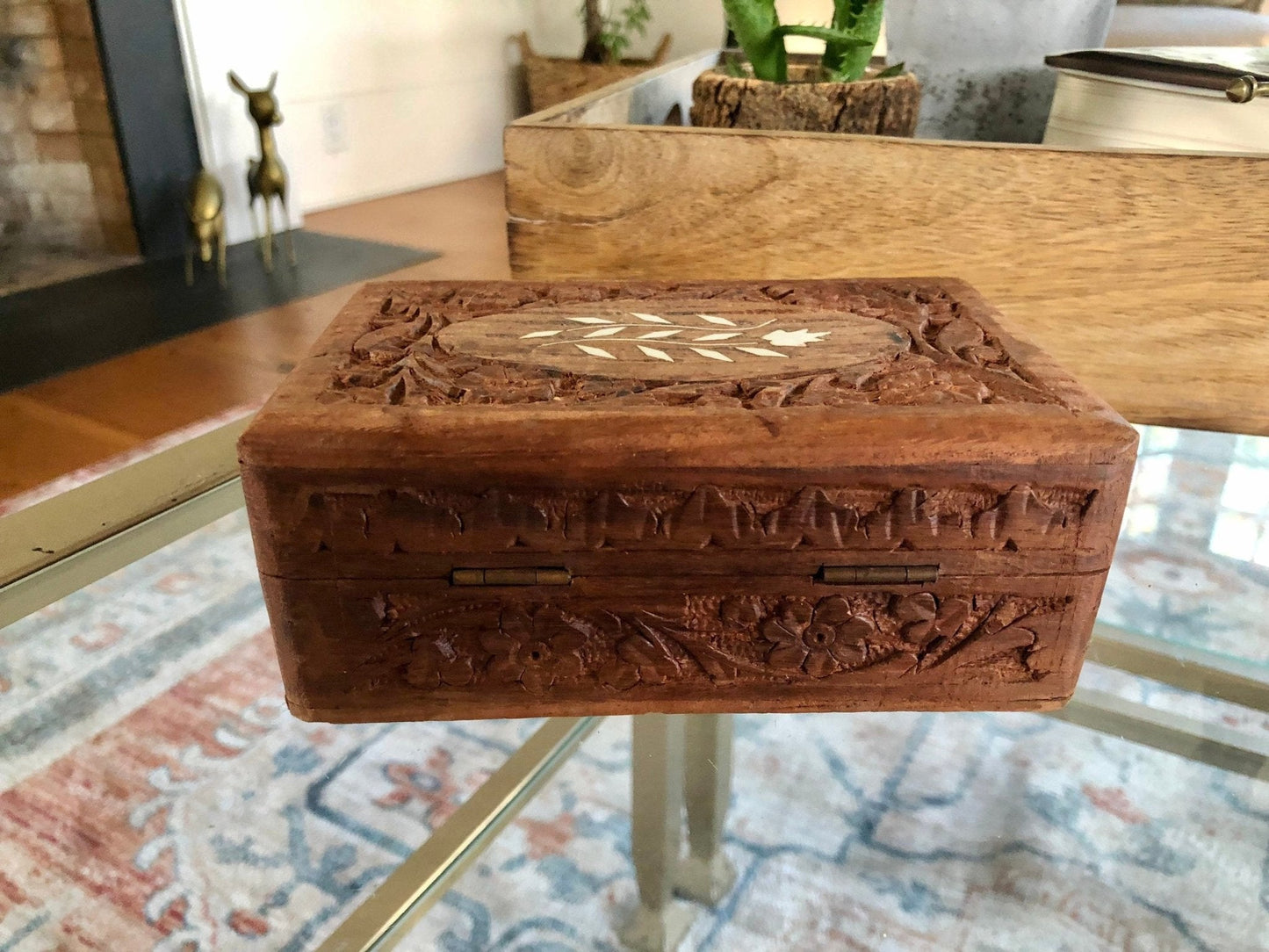 Vintage Carved Wood Box, Jewelry Box, Folk Art, Handmade Boho Box, Keepsake Box, Vintage Trinket Box, India - Loom Vintage