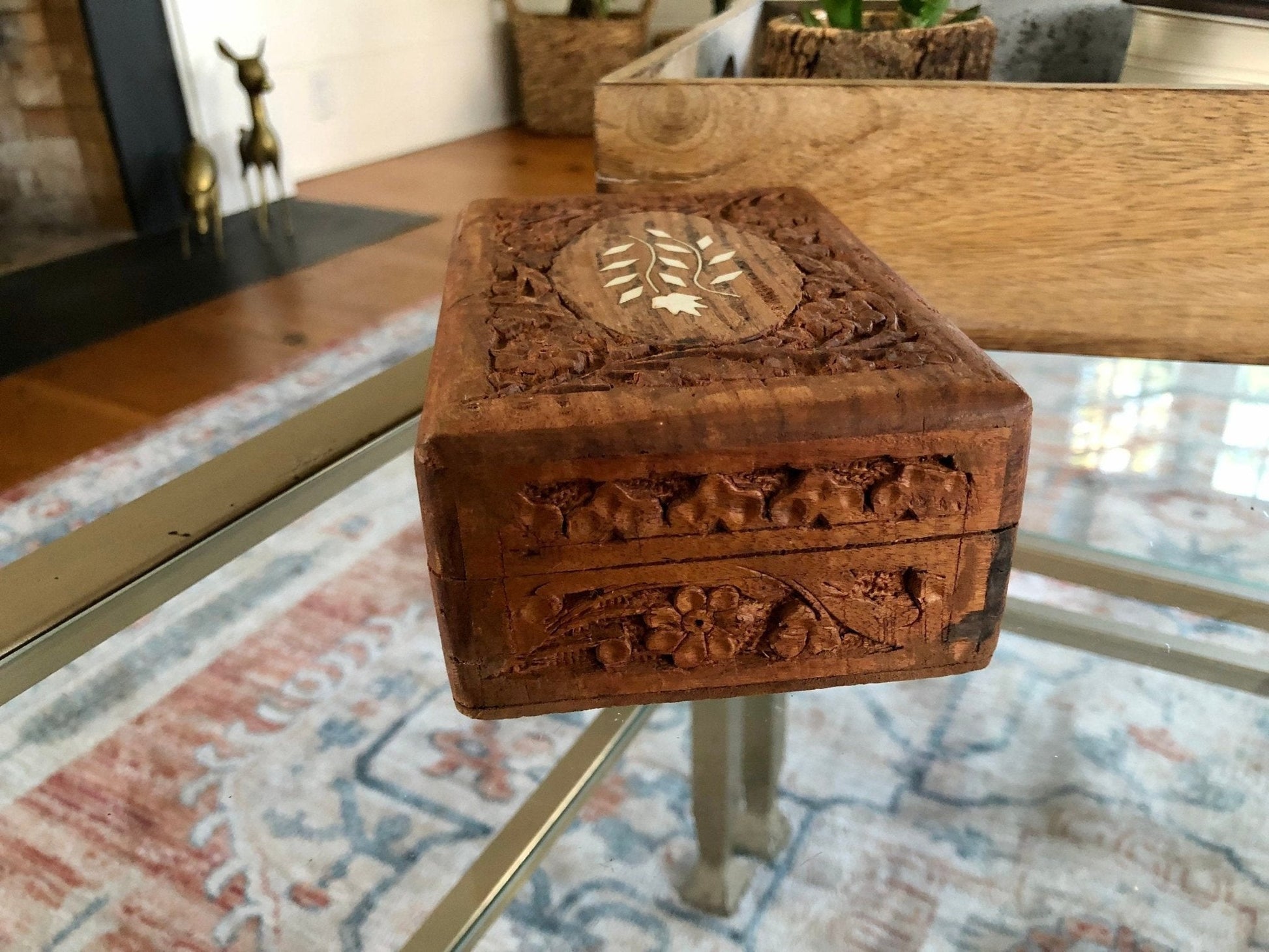 Vintage Carved Wood Box, Jewelry Box, Folk Art, Handmade Boho Box, Keepsake Box, Vintage Trinket Box, India - Loom Vintage
