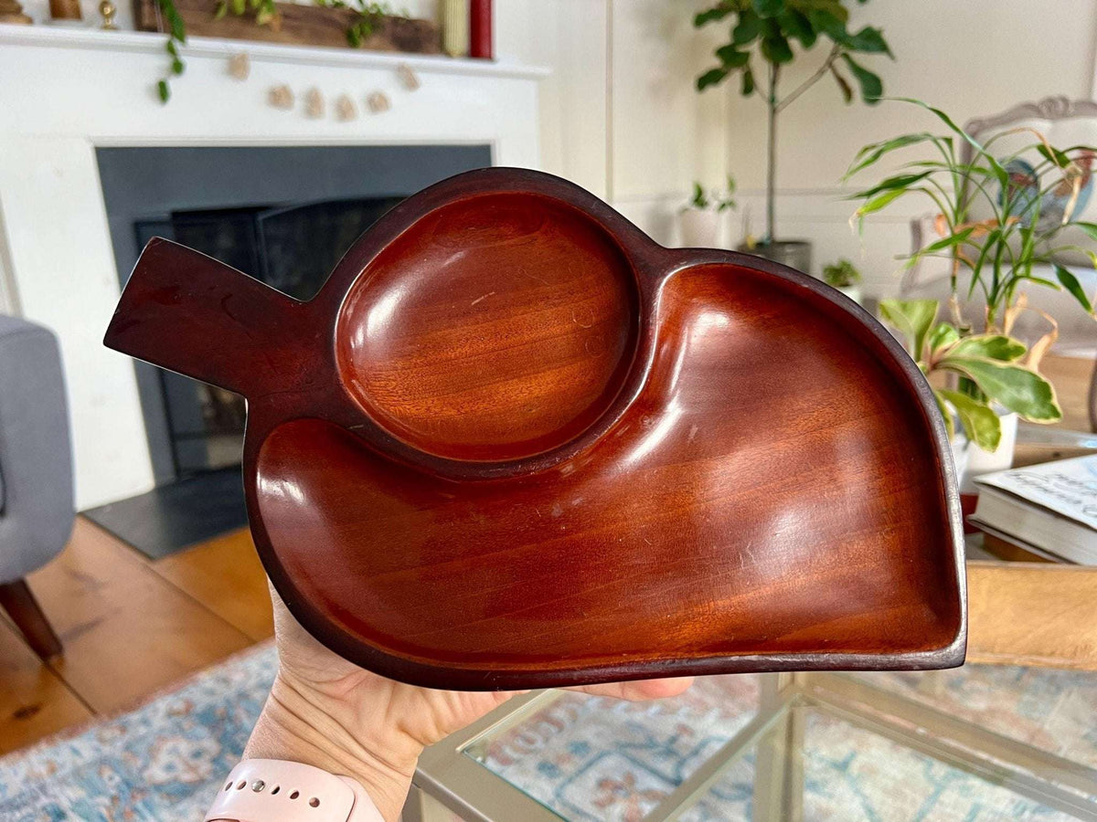 Carved wood leaf tray with stem handle, round well and leaf section, photo 8 of 10