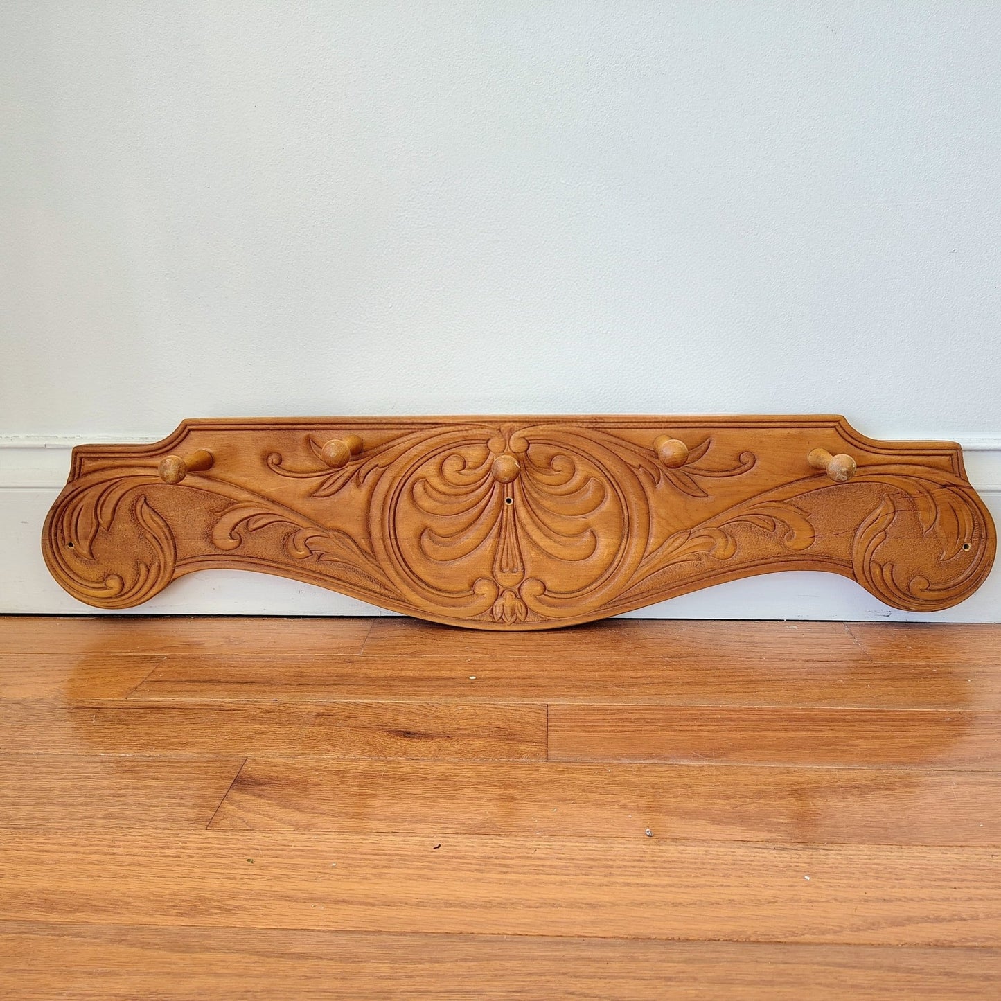 Vintage Carved Wood Wall Rack with Peg Hooks – Decorative Wall Accent - Loom Vintage