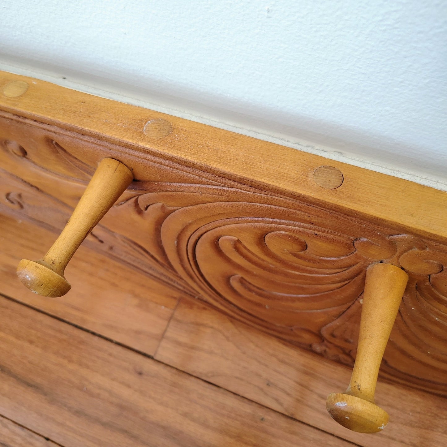 Vintage Carved Wood Wall Rack with Peg Hooks – Decorative Wall Accent - Loom Vintage