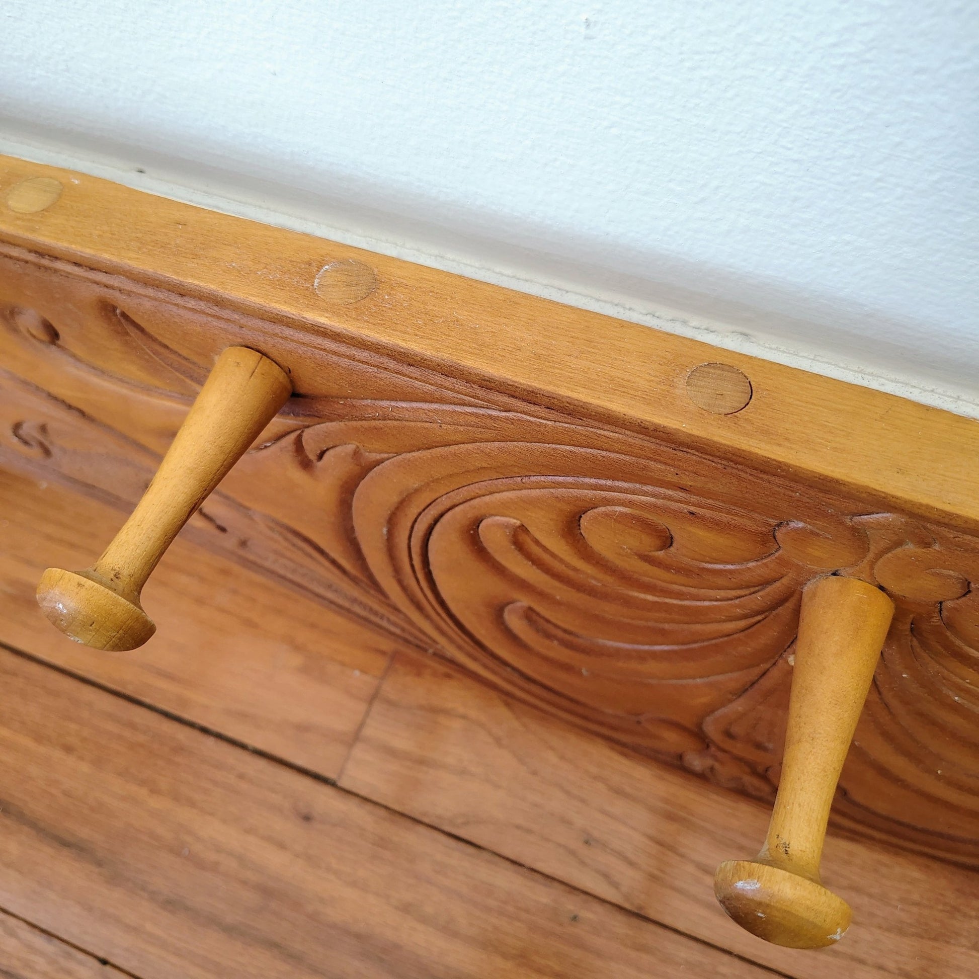 Vintage Carved Wood Wall Rack with Peg Hooks – Decorative Wall Accent - Loom Vintage
