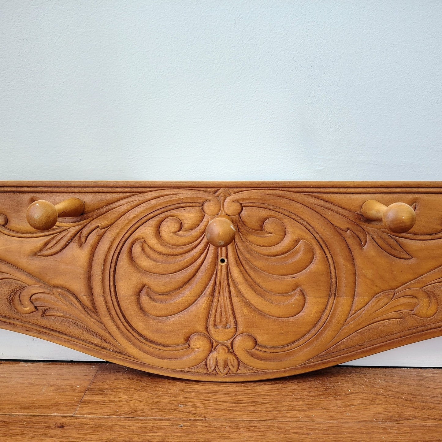 Vintage Carved Wood Wall Rack with Peg Hooks – Decorative Wall Accent - Loom Vintage