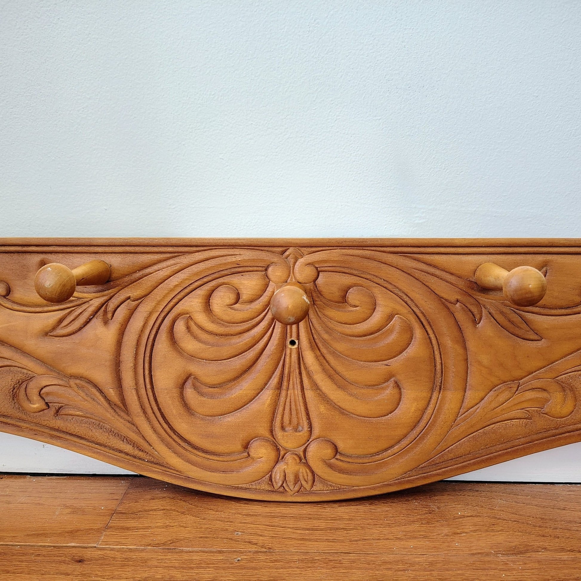 Vintage Carved Wood Wall Rack with Peg Hooks – Decorative Wall Accent - Loom Vintage